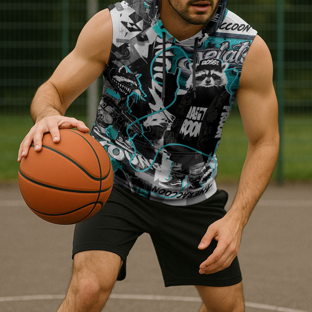 Urban Rebel Raccoon Sleeveless Hoodie Grunge Graffiti Street Art Abstract Collage Pop Culture