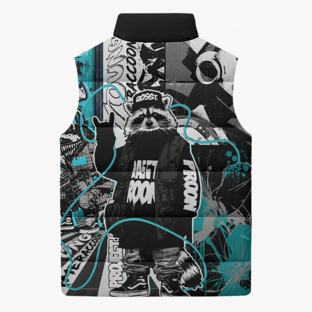 Urban Rebel Raccoon Sleeveless Puffer Jacket Grunge Graffiti Street Art Abstract Collage Pop Culture