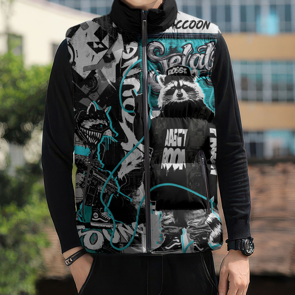 Urban Rebel Raccoon Sleeveless Puffer Jacket Grunge Graffiti Street Art Abstract Collage Pop Culture