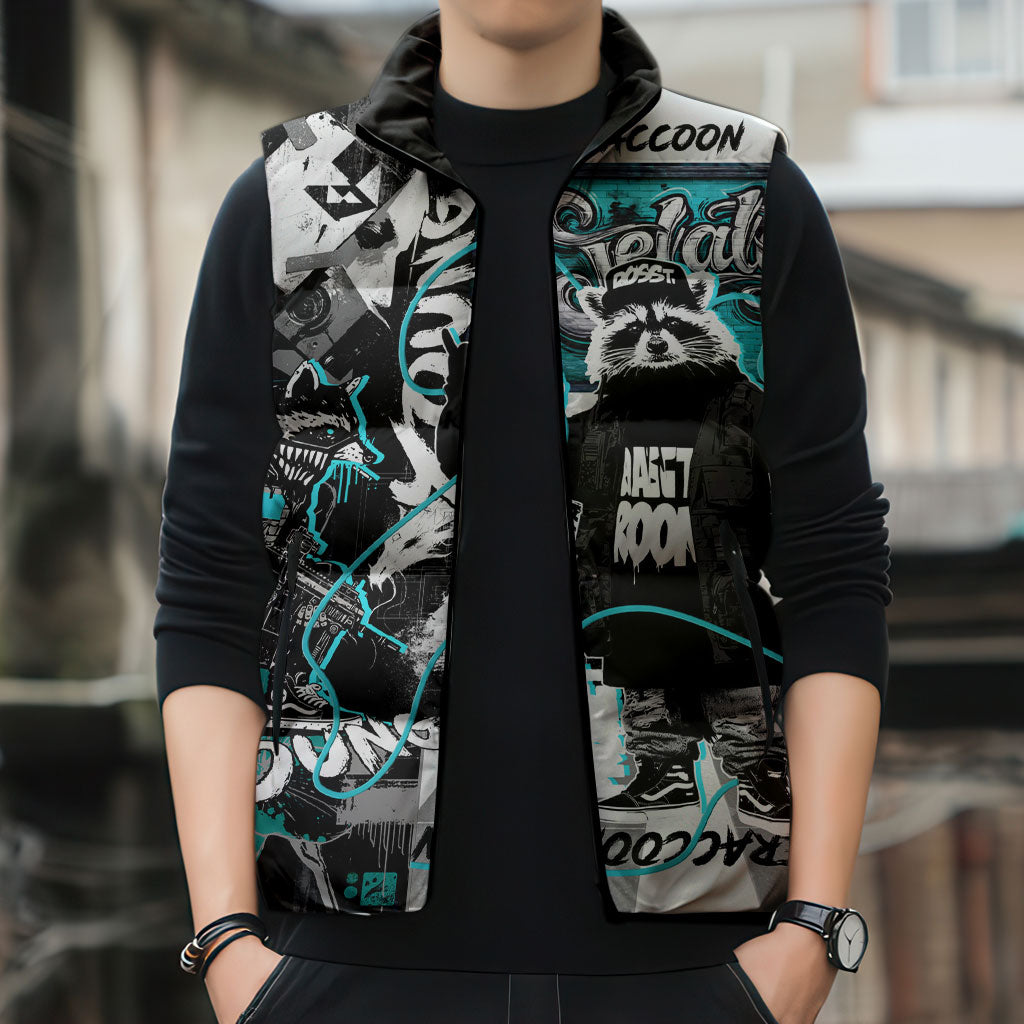 Urban Rebel Raccoon Sleeveless Puffer Jacket Grunge Graffiti Street Art Abstract Collage Pop Culture