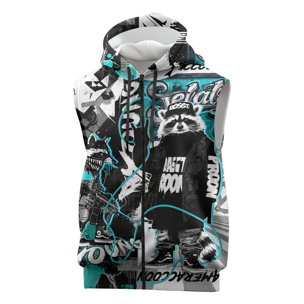 Urban Rebel Raccoon Sleeveless Zip Hoodie Grunge Graffiti Street Art Abstract Collage Pop Culture