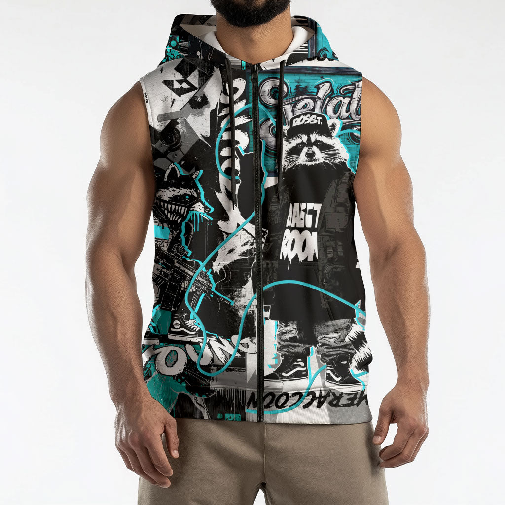 Urban Rebel Raccoon Sleeveless Zip Hoodie Grunge Graffiti Street Art Abstract Collage Pop Culture