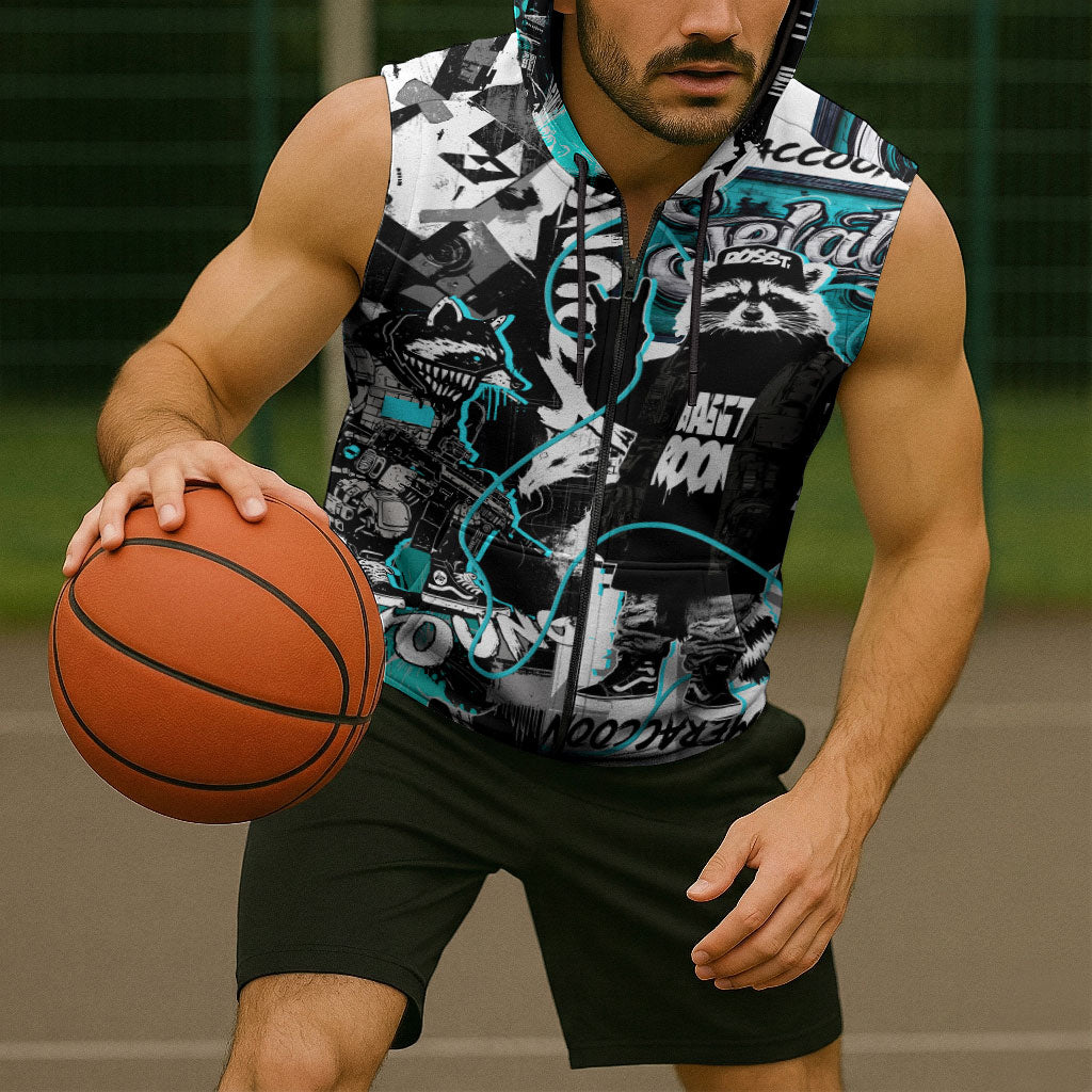 Urban Rebel Raccoon Sleeveless Zip Hoodie Grunge Graffiti Street Art Abstract Collage Pop Culture