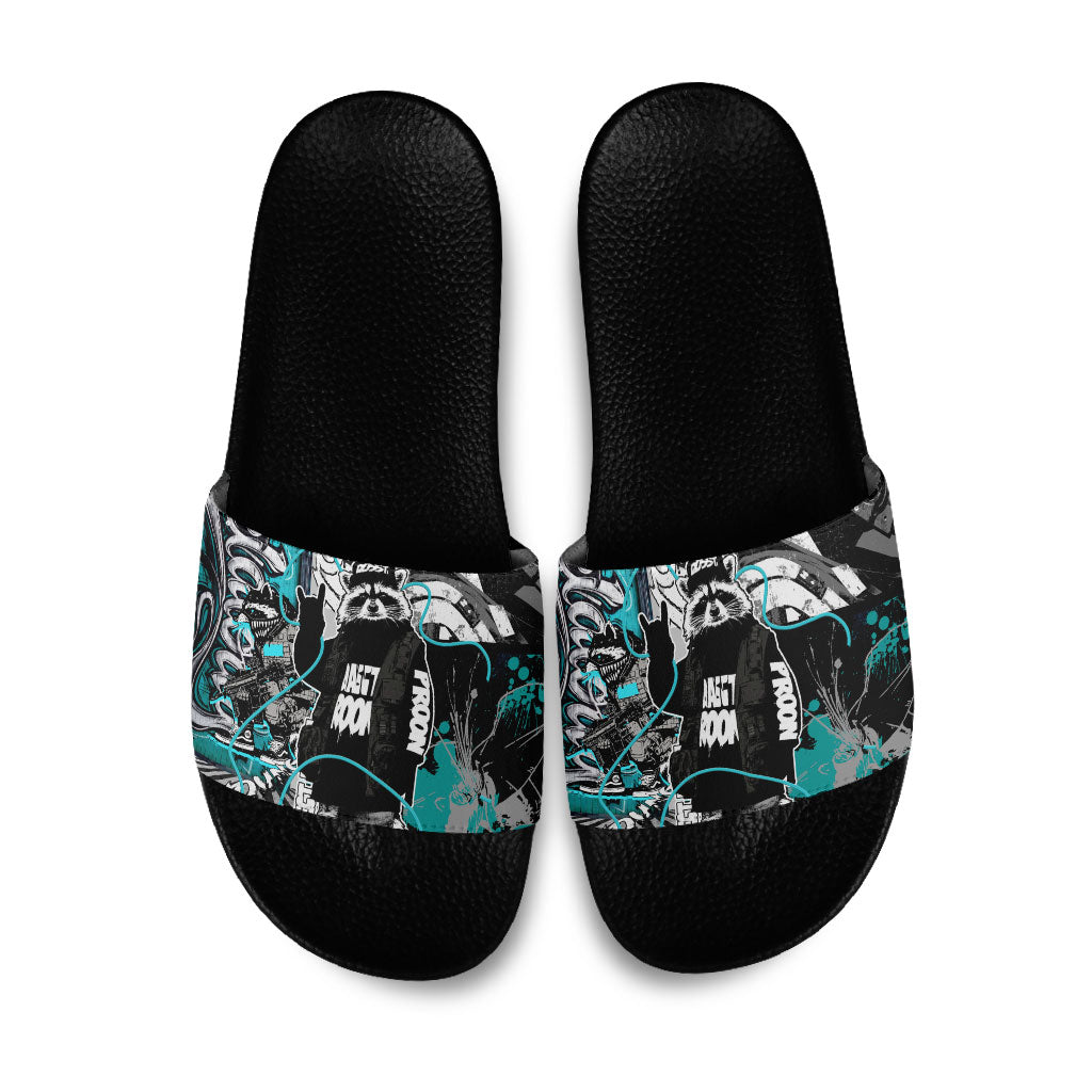 Urban Rebel Raccoon Slide Sandals Grunge Graffiti Street Art Abstract Collage Pop Culture
