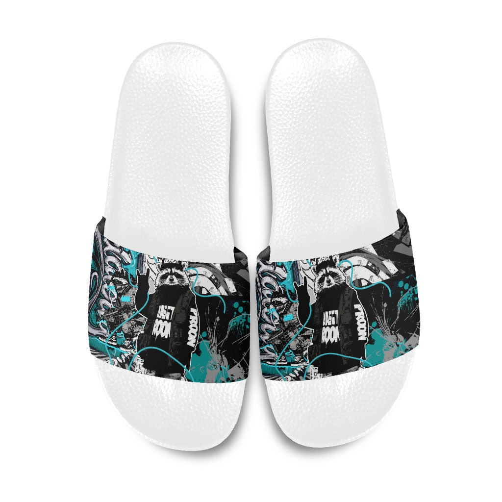 Urban Rebel Raccoon Slide Sandals Grunge Graffiti Street Art Abstract Collage Pop Culture