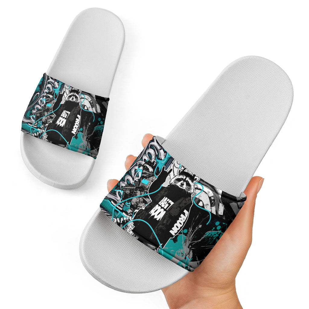 Urban Rebel Raccoon Slide Sandals Grunge Graffiti Street Art Abstract Collage Pop Culture