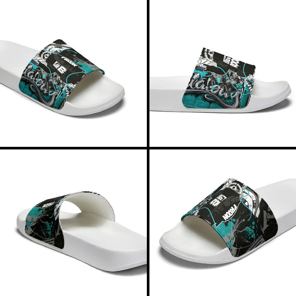 Urban Rebel Raccoon Slide Sandals Grunge Graffiti Street Art Abstract Collage Pop Culture