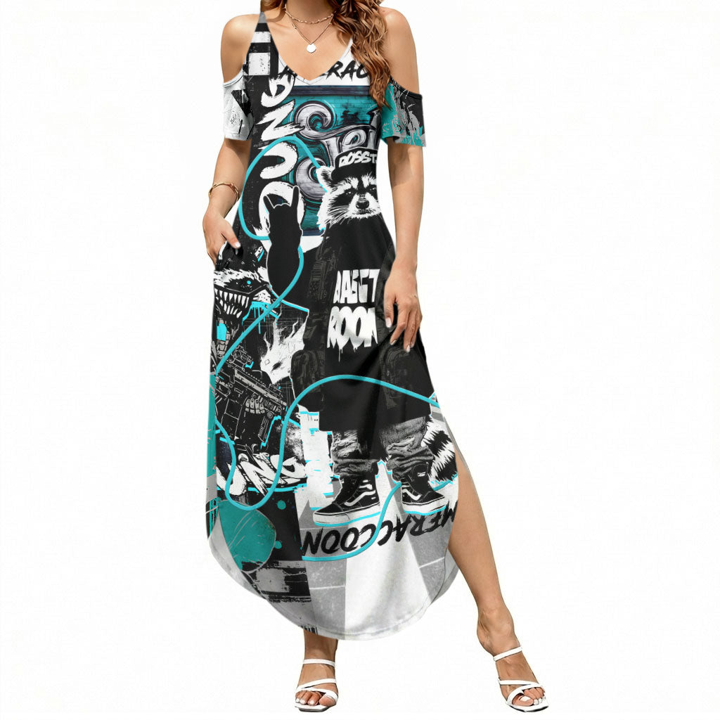 Urban Rebel Raccoon Summer Maxi Dress Grunge Graffiti Street Art Abstract Collage Pop Culture