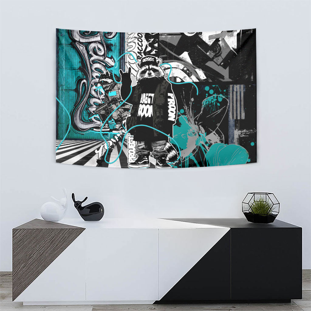 Urban Rebel Raccoon Tapestry Grunge Graffiti Street Art Abstract Collage Pop Culture
