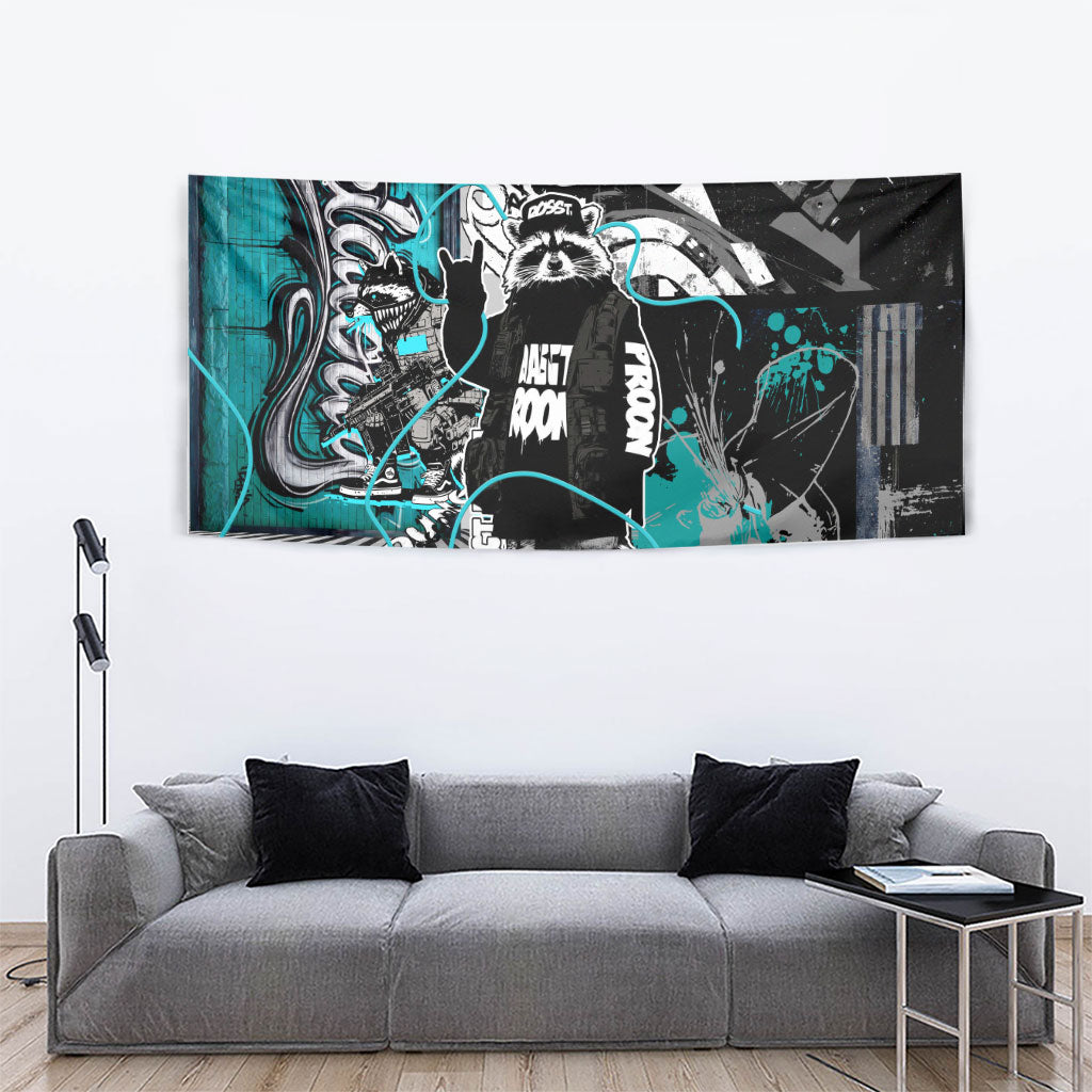 Urban Rebel Raccoon Tapestry Grunge Graffiti Street Art Abstract Collage Pop Culture
