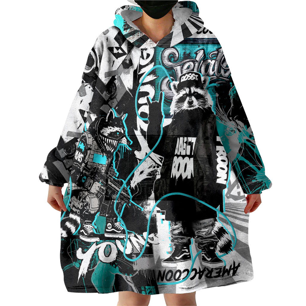 Urban Rebel Raccoon Wearable Blanket Hoodie Grunge Graffiti Street Art Abstract Collage Pop Culture
