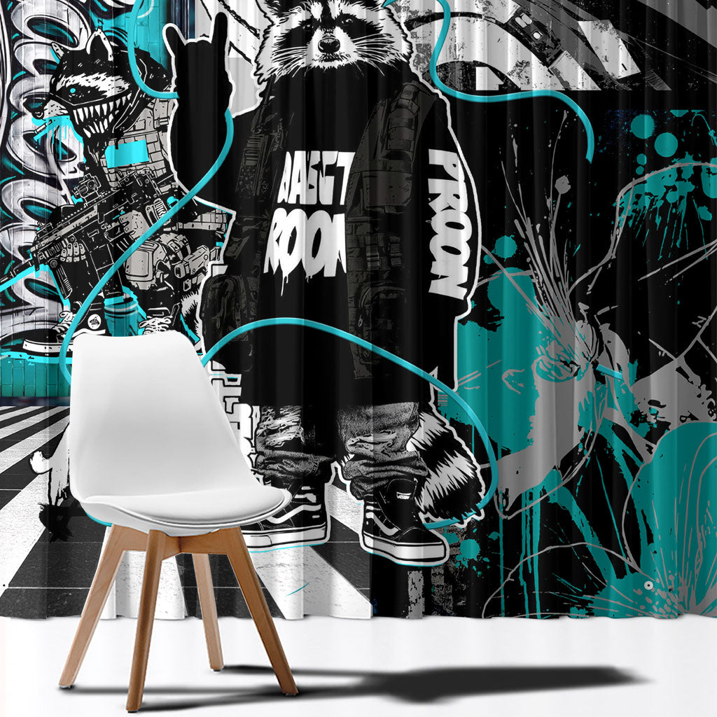 Urban Rebel Raccoon Window Curtain Grunge Graffiti Street Art Abstract Collage Pop Culture