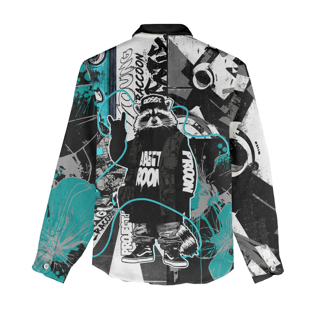 Urban Rebel Raccoon Women Casual Shirt Grunge Graffiti Street Art Abstract Collage Pop Culture