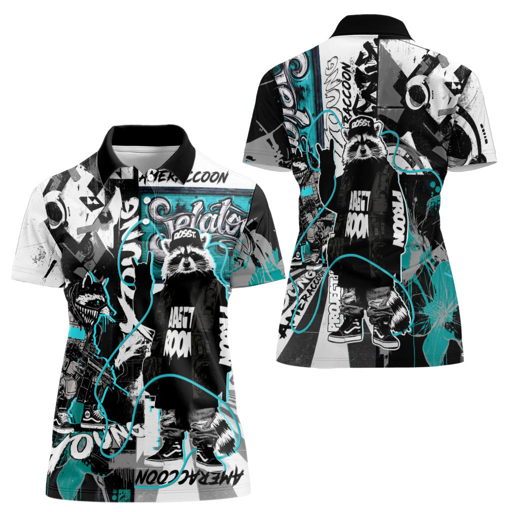 Urban Rebel Raccoon Women Polo Shirt Grunge Graffiti Street Art Abstract Collage Pop Culture
