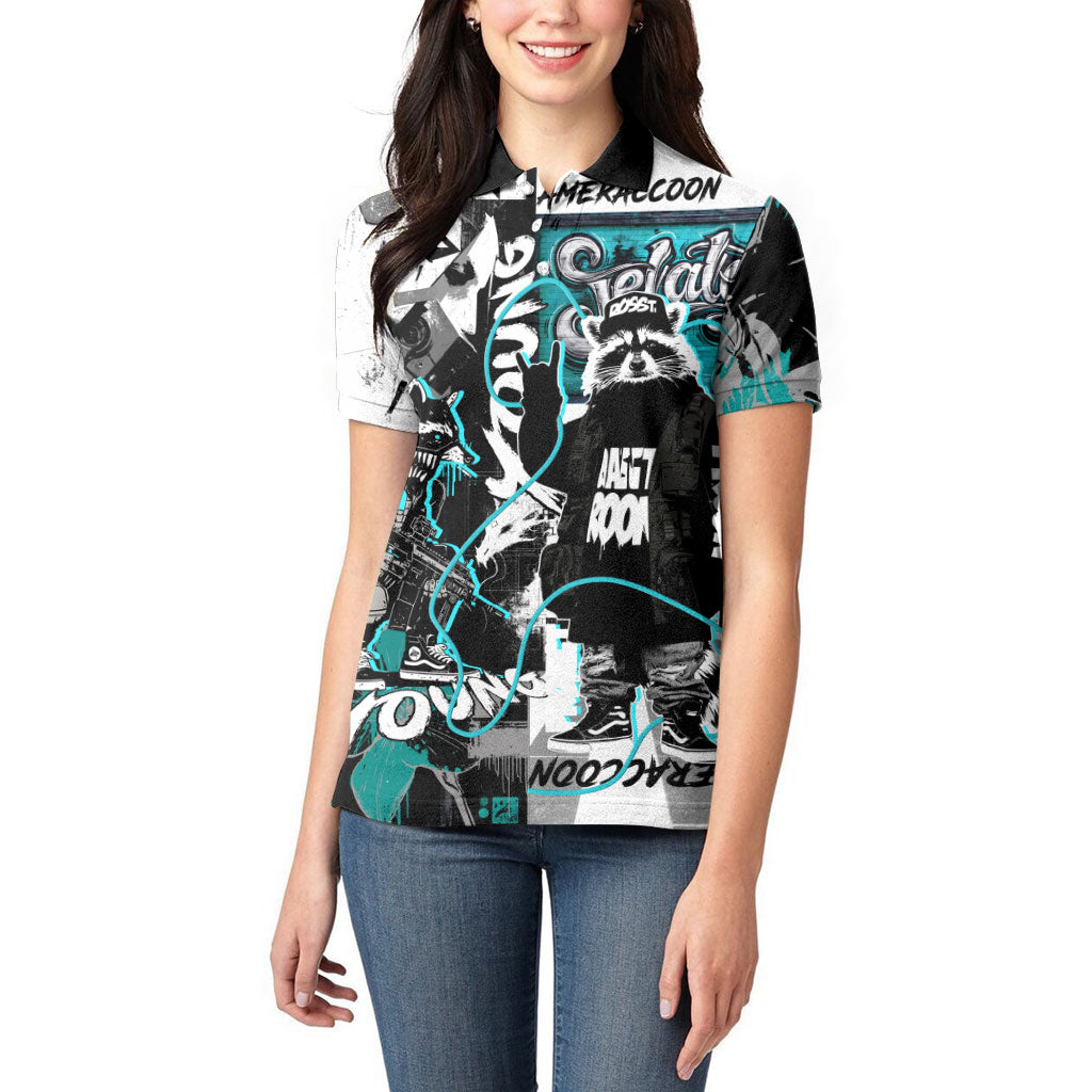 Urban Rebel Raccoon Women Polo Shirt Grunge Graffiti Street Art Abstract Collage Pop Culture