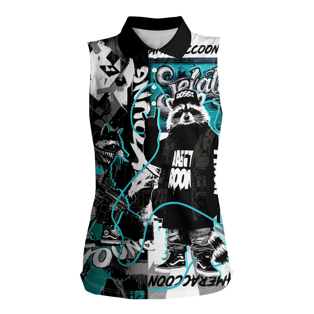 Urban Rebel Raccoon Women Sleeveless Polo Shirt Grunge Graffiti Street Art Abstract Collage Pop Culture