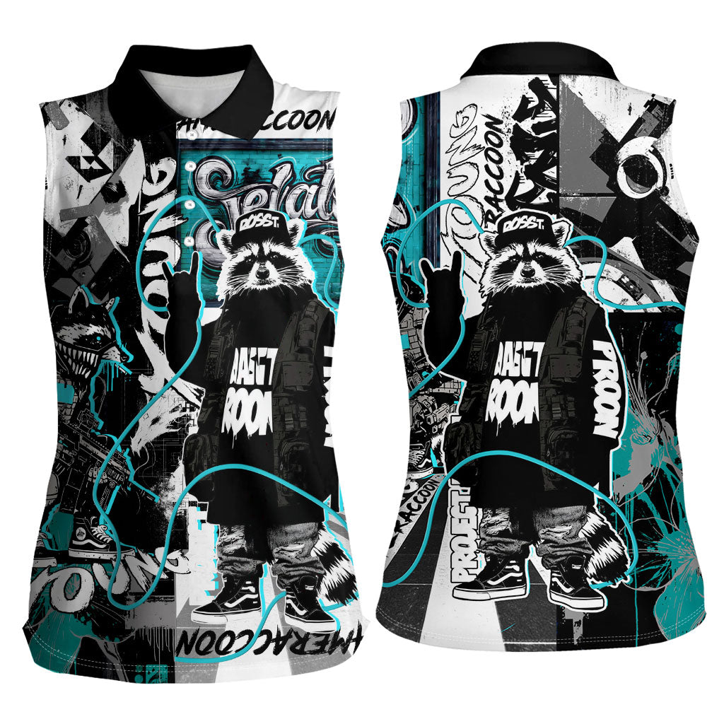 Urban Rebel Raccoon Women Sleeveless Polo Shirt Grunge Graffiti Street Art Abstract Collage Pop Culture