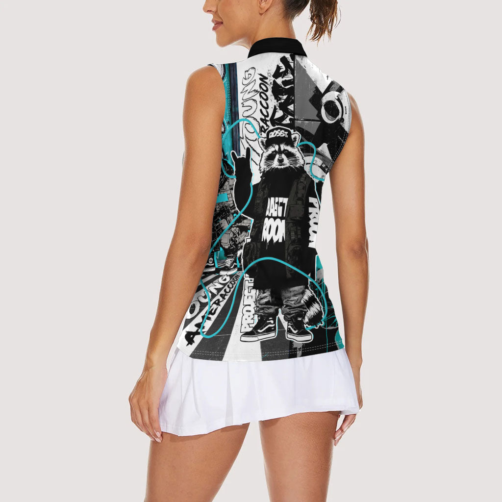Urban Rebel Raccoon Women Sleeveless Polo Shirt Grunge Graffiti Street Art Abstract Collage Pop Culture