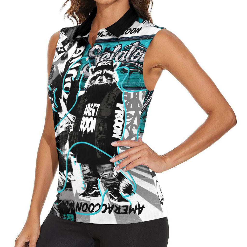 Urban Rebel Raccoon Women Sleeveless Polo Shirt Grunge Graffiti Street Art Abstract Collage Pop Culture