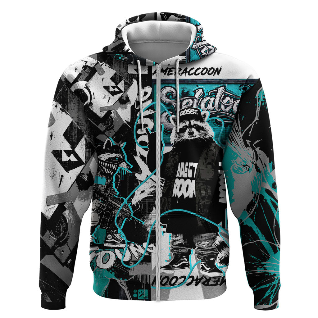 Urban Rebel Raccoon Zip Hoodie Grunge Graffiti Street Art Abstract Collage Pop Culture