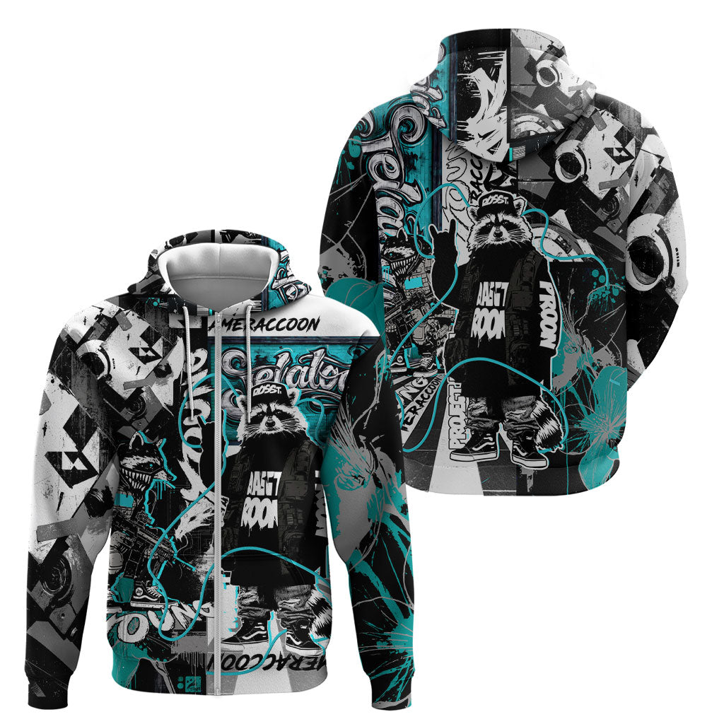 Urban Rebel Raccoon Zip Hoodie Grunge Graffiti Street Art Abstract Collage Pop Culture