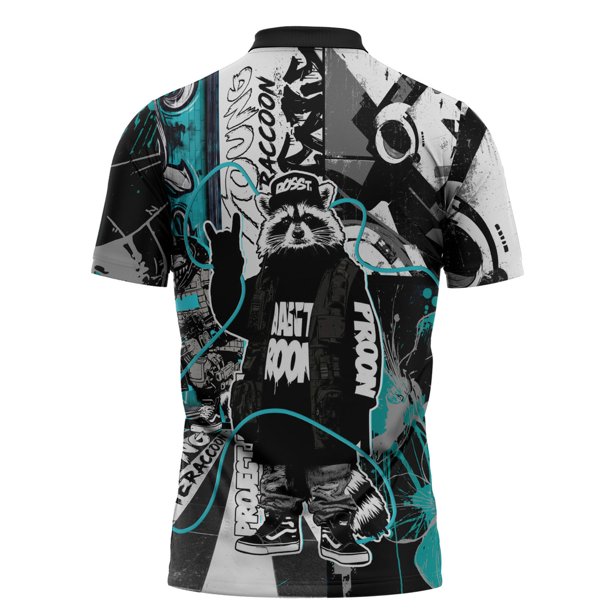 Urban Rebel Raccoon Zipper Polo Shirt Grunge Graffiti Street Art Abstract Collage Pop Culture