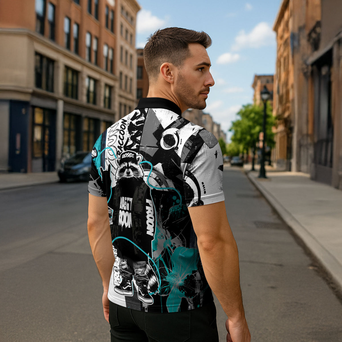 Urban Rebel Raccoon Zipper Polo Shirt Grunge Graffiti Street Art Abstract Collage Pop Culture