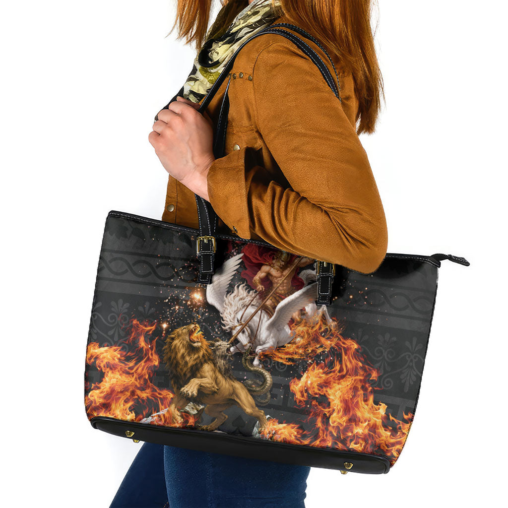 Bellerophon Vs Chimera Greek Mythology Leather Tote Bag Pegasus Monster Battle Epic