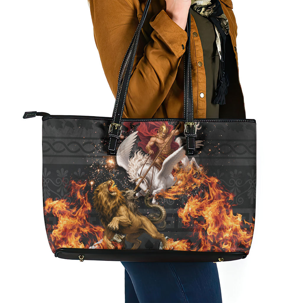 Bellerophon Vs Chimera Greek Mythology Leather Tote Bag Pegasus Monster Battle Epic