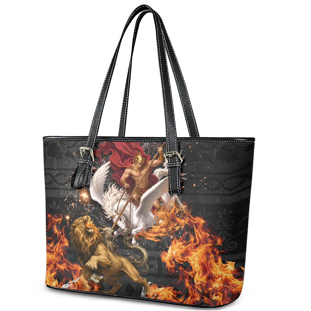 Bellerophon Vs Chimera Greek Mythology Leather Tote Bag Pegasus Monster Battle Epic