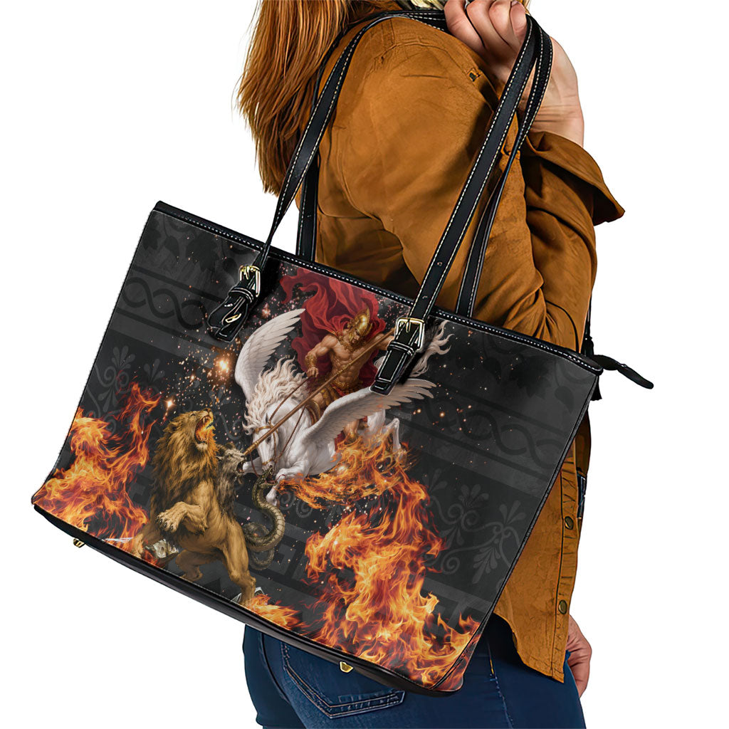 Bellerophon Vs Chimera Greek Mythology Leather Tote Bag Pegasus Monster Battle Epic