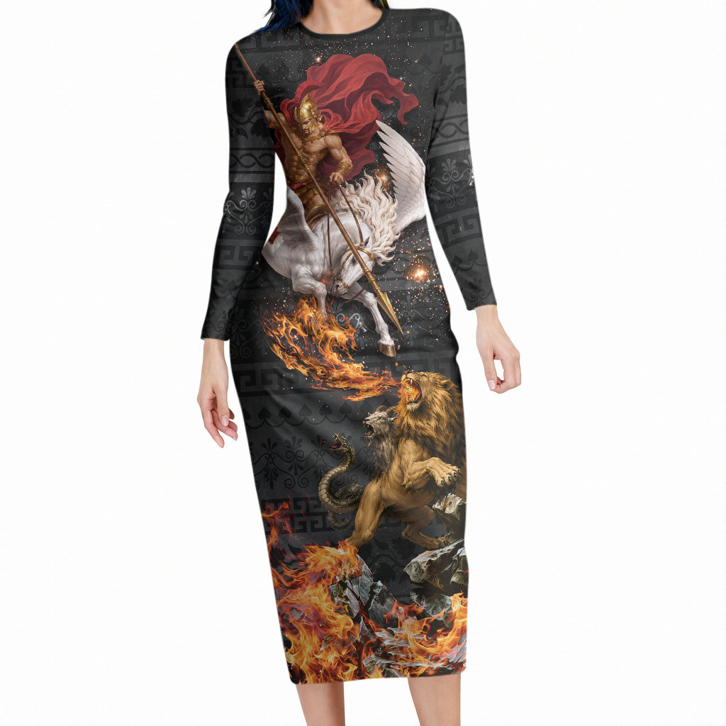 Bellerophon Vs Chimera Greek Mythology Long Sleeve Bodycon Dress Pegasus Monster Battle Epic