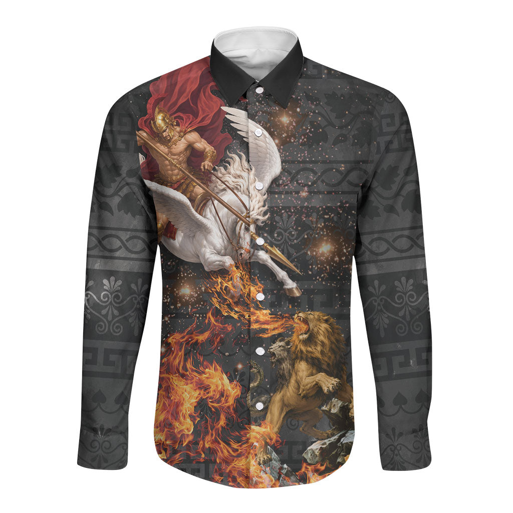 Bellerophon Vs Chimera Greek Mythology Long Sleeve Button Shirt Pegasus Monster Battle Epic