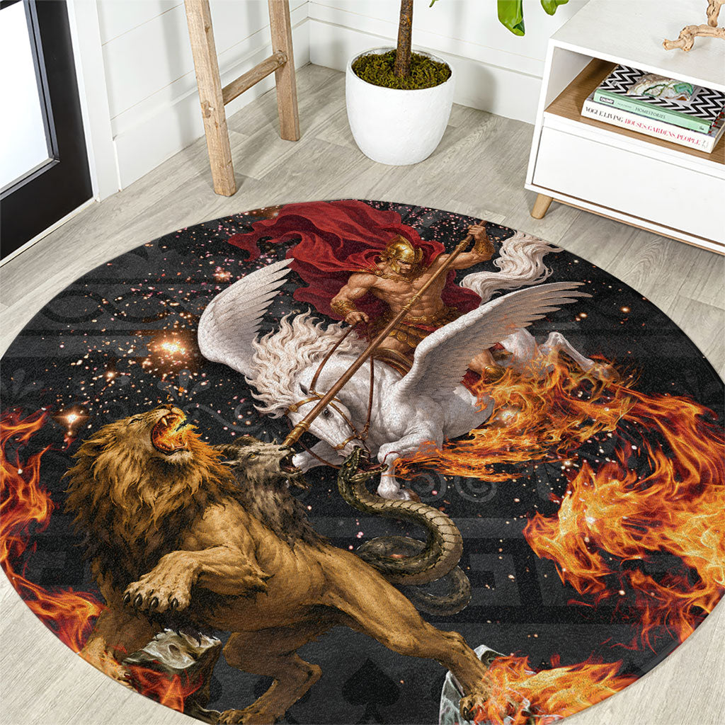 Bellerophon Vs Chimera Greek Mythology Round Carpet Pegasus Monster Battle Epic