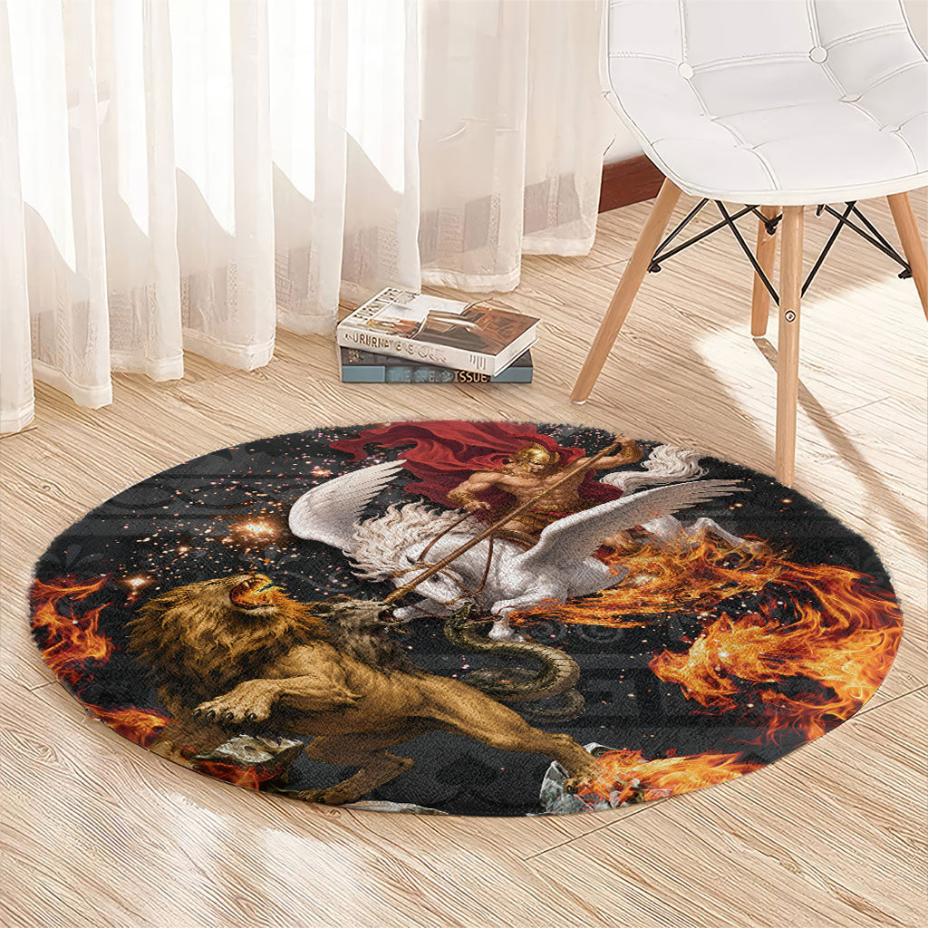 Bellerophon Vs Chimera Greek Mythology Round Carpet Pegasus Monster Battle Epic