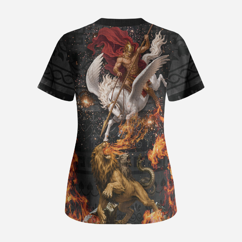 Bellerophon Vs Chimera Greek Mythology Scrub Top Pegasus Monster Battle Epic
