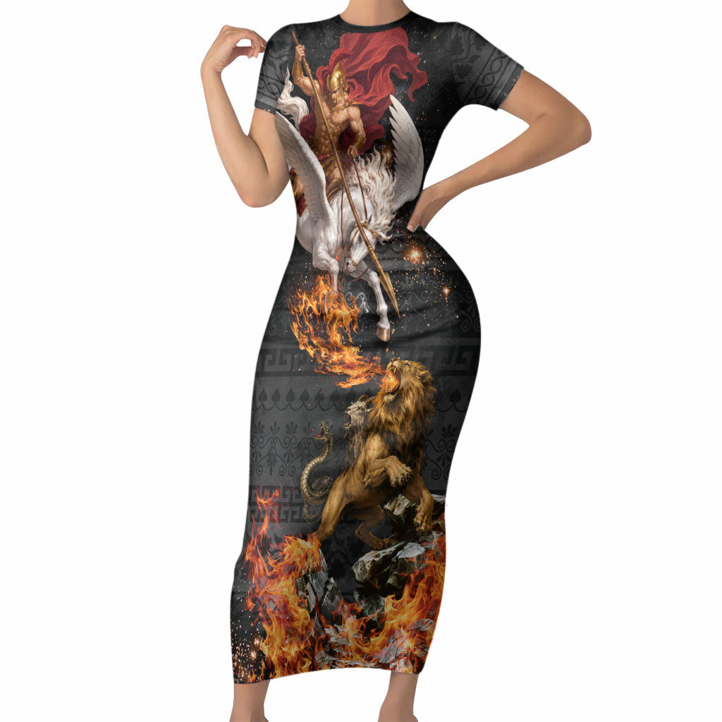 Bellerophon Vs Chimera Greek Mythology Short Sleeve Bodycon Dress Pegasus Monster Battle Epic