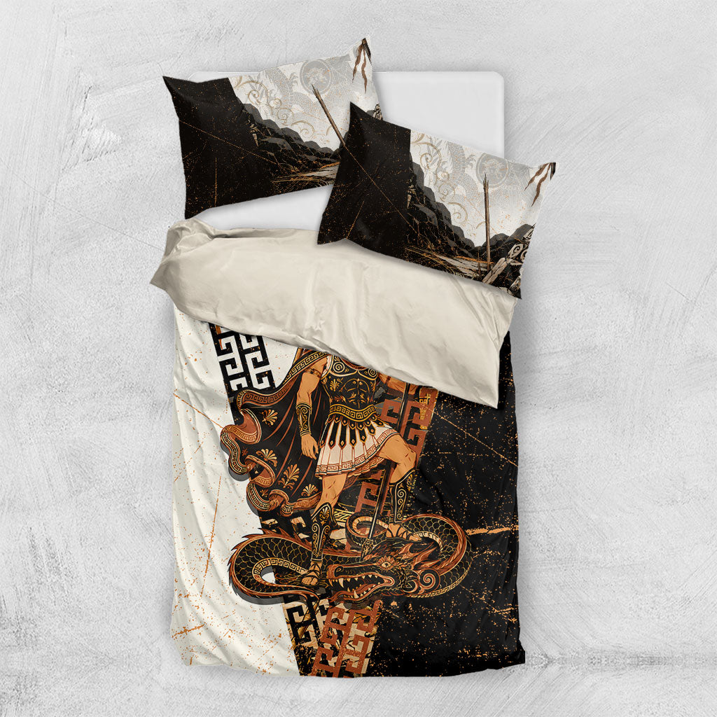 Cadmus Greek Mythology Dragon Slayer Bedding Set Spartan Warrior Epic Battle Vintage Grunge
