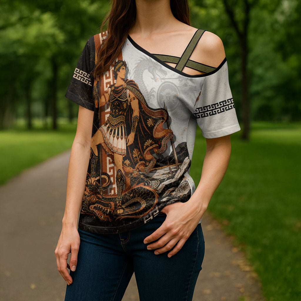 Cadmus Greek Mythology Dragon Slayer Cross Shoulder Shirt Spartan Warrior Epic Battle Vintage Grunge