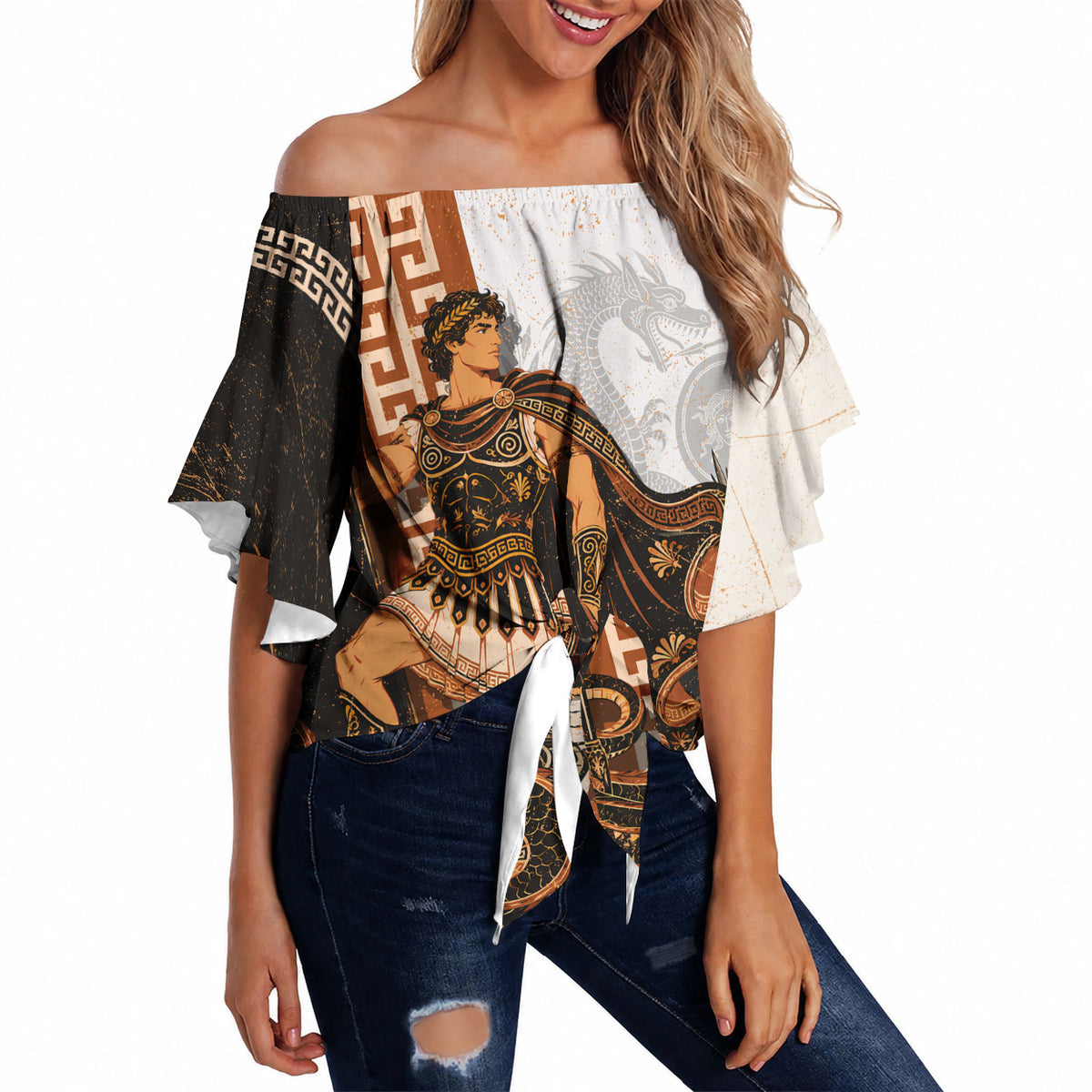 Cadmus Greek Mythology Dragon Slayer Off Shoulder Wrap Waist Top Spartan Warrior Epic Battle Vintage Grunge
