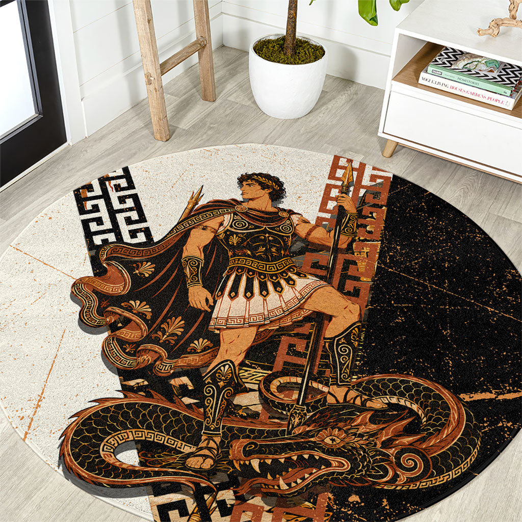 Cadmus Greek Mythology Dragon Slayer Round Carpet Spartan Warrior Epic Battle Vintage Grunge