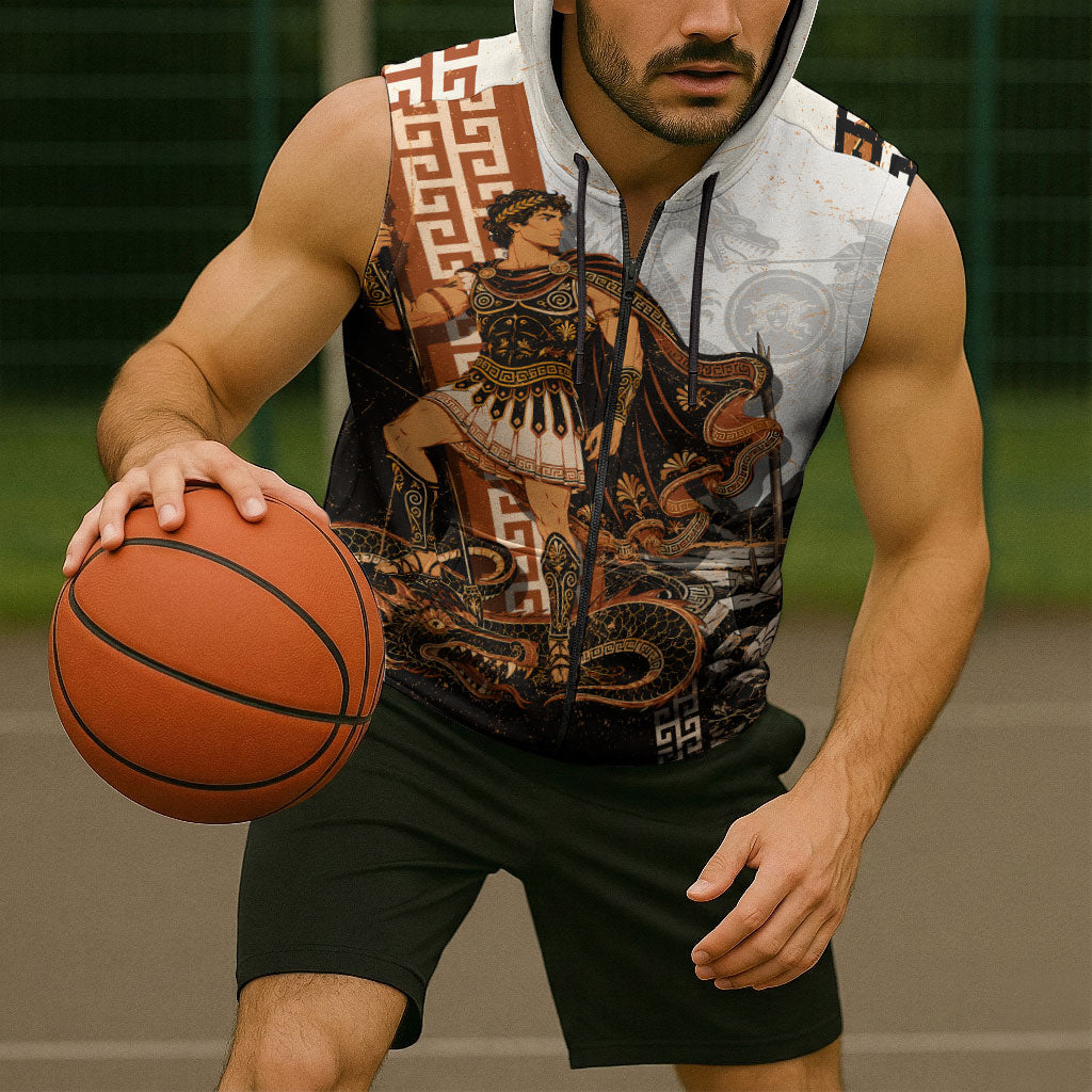 Cadmus Greek Mythology Dragon Slayer Sleeveless Zip Hoodie Spartan Warrior Epic Battle Vintage Grunge