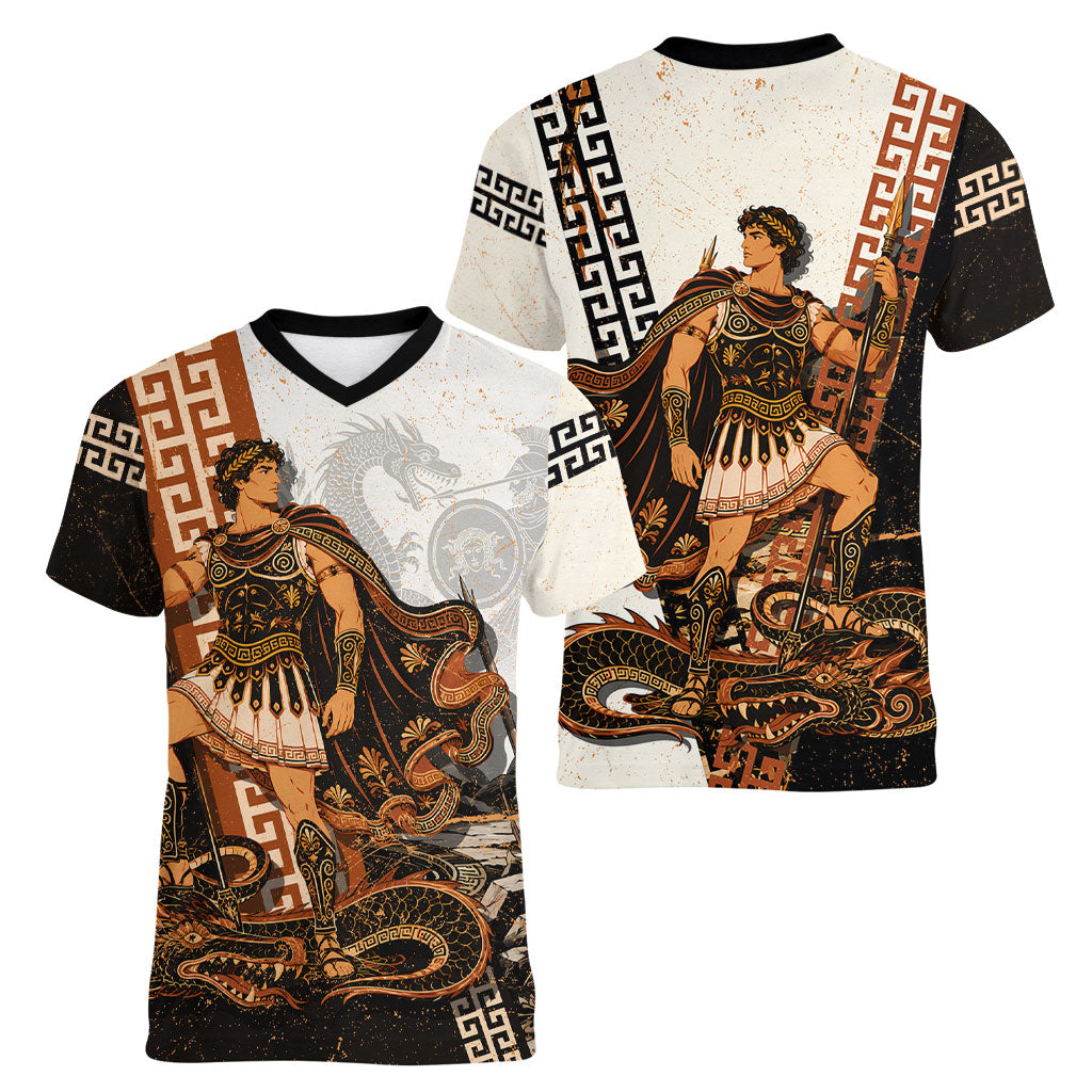 Cadmus Greek Mythology Dragon Slayer Women V-Neck T-Shirt Spartan Warrior Epic Battle Vintage Grunge