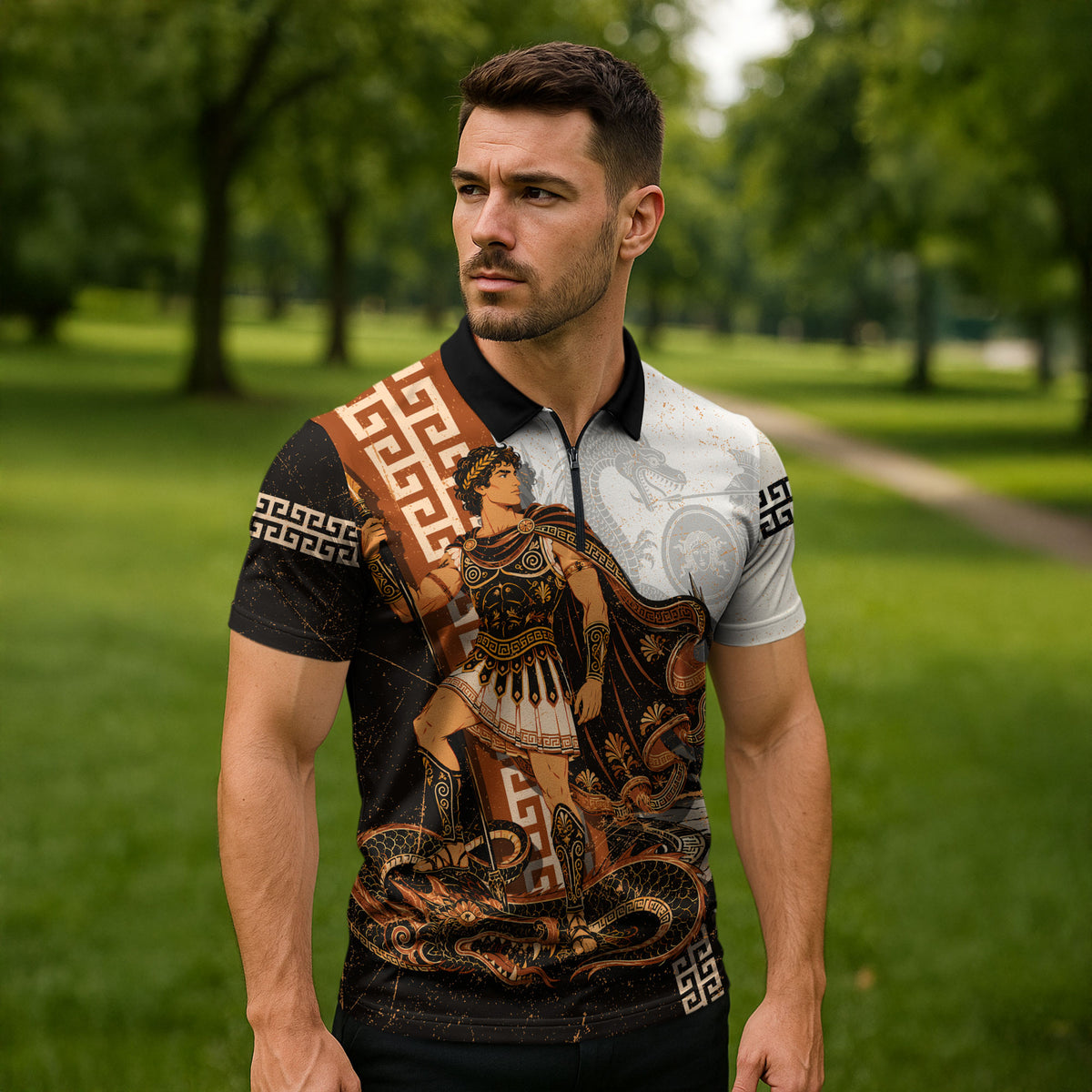 Cadmus Greek Mythology Dragon Slayer Zipper Polo Shirt Spartan Warrior Epic Battle Vintage Grunge