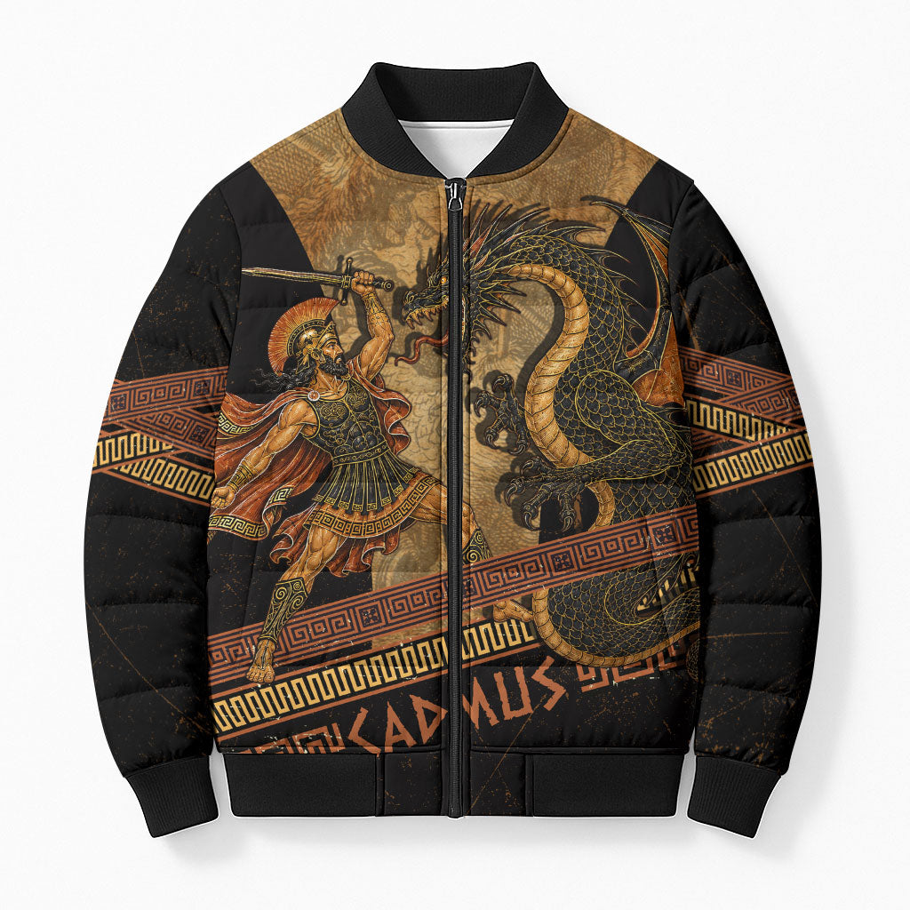 Cadmus Dragon Slayer Bomber Puffer Jacket Mythological Beast Battle Vintage Greek