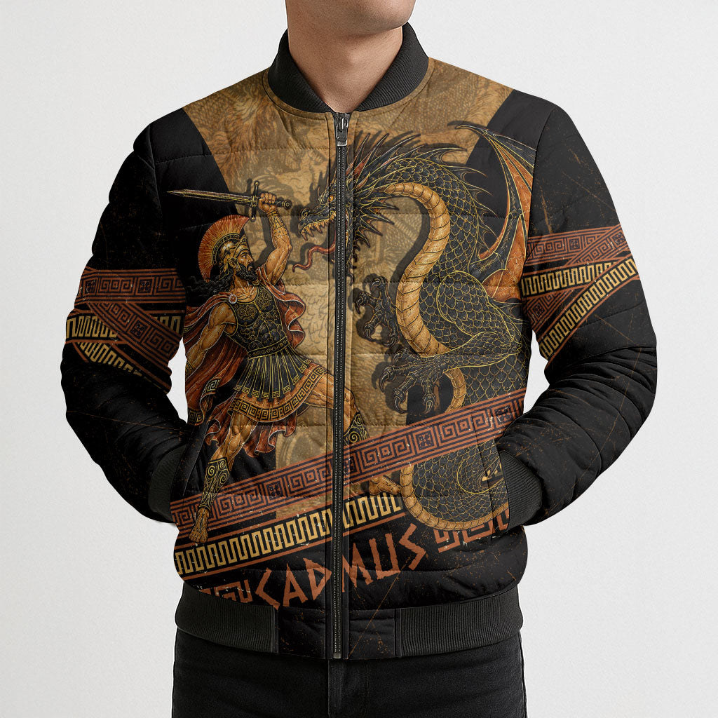 Cadmus Dragon Slayer Bomber Puffer Jacket Mythological Beast Battle Vintage Greek