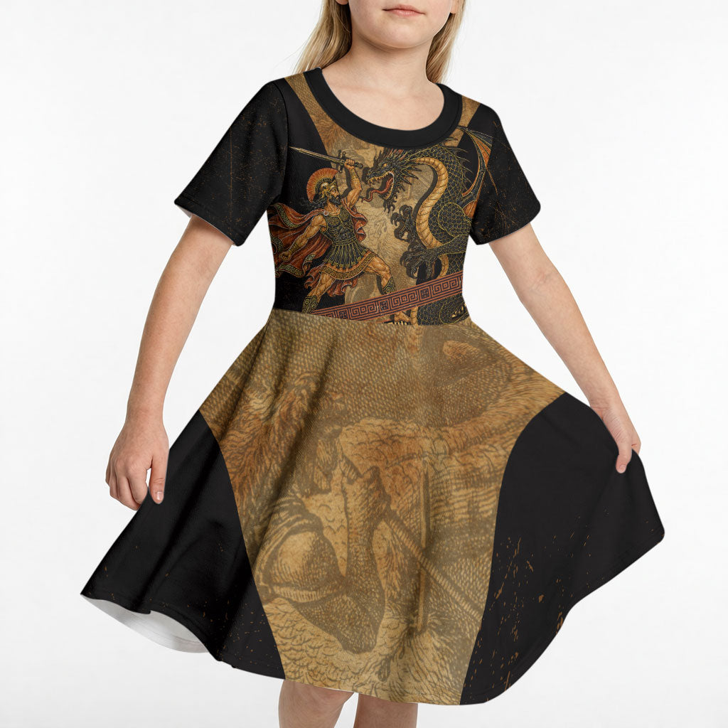 Cadmus Dragon Slayer Kid Short Sleeve Dress Mythological Beast Battle Vintage Greek