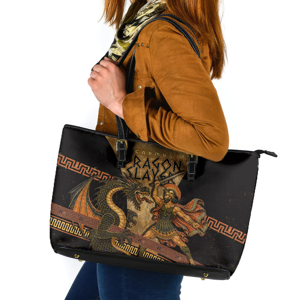 Cadmus Dragon Slayer Leather Tote Bag Mythological Beast Battle Vintage Greek