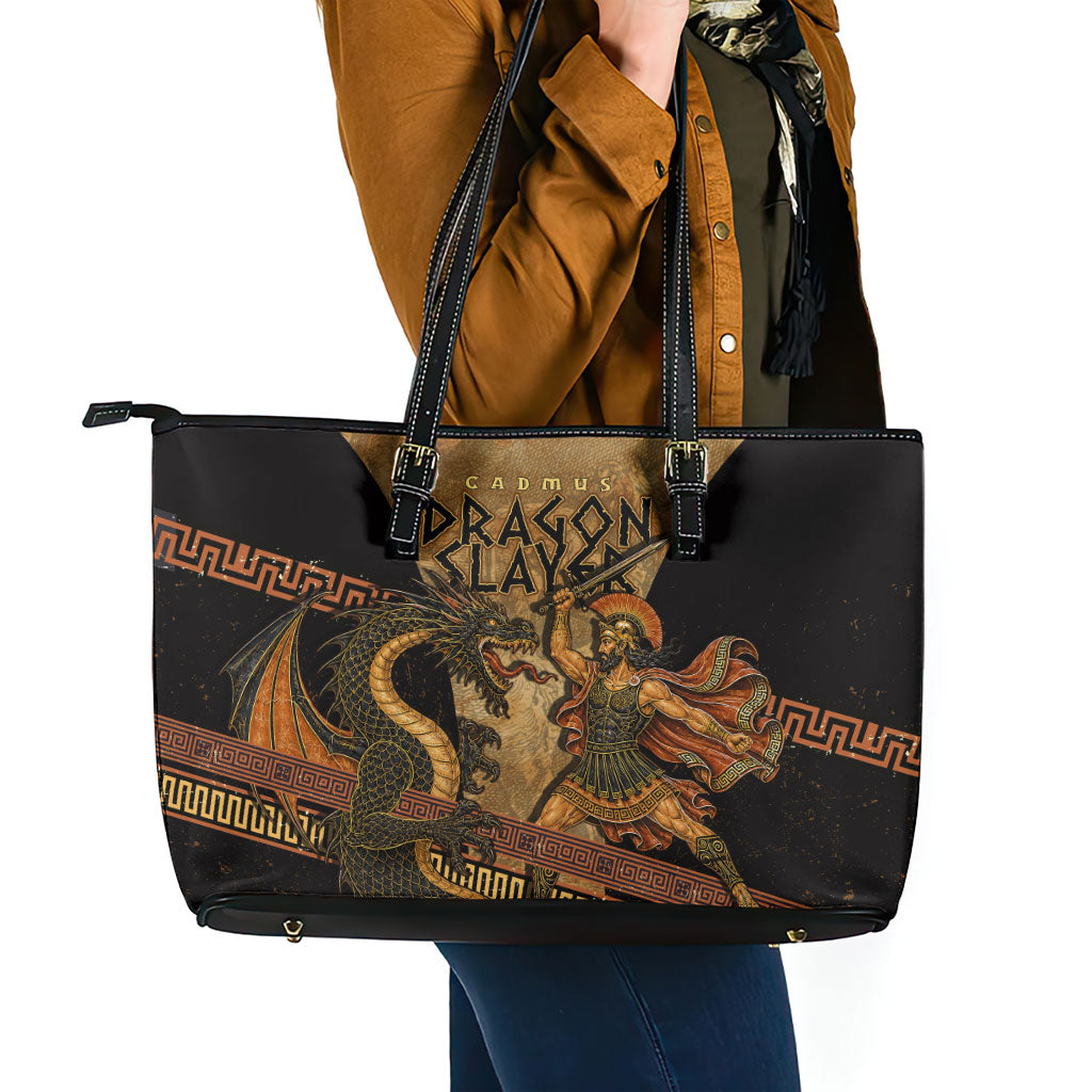 Cadmus Dragon Slayer Leather Tote Bag Mythological Beast Battle Vintage Greek