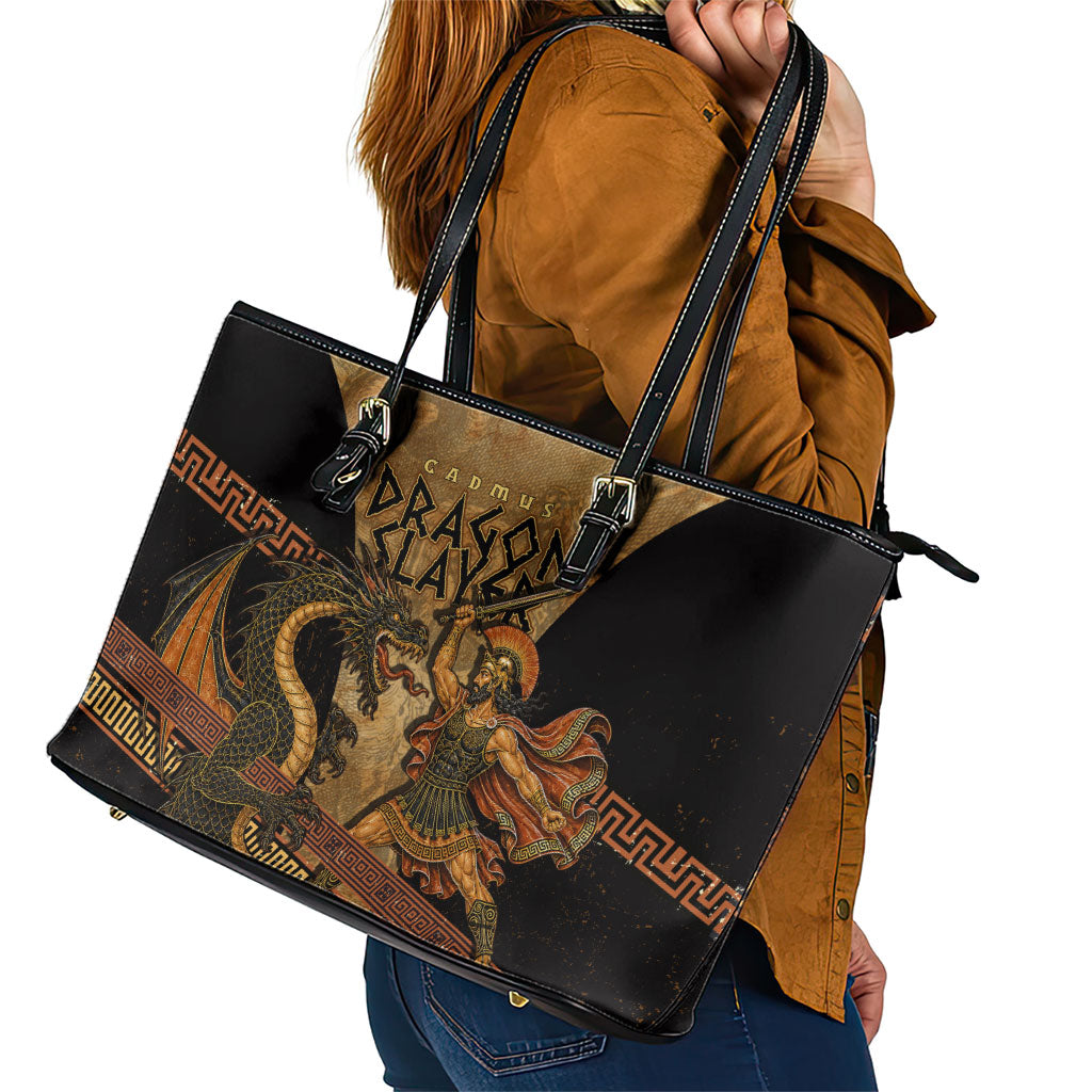 Cadmus Dragon Slayer Leather Tote Bag Mythological Beast Battle Vintage Greek